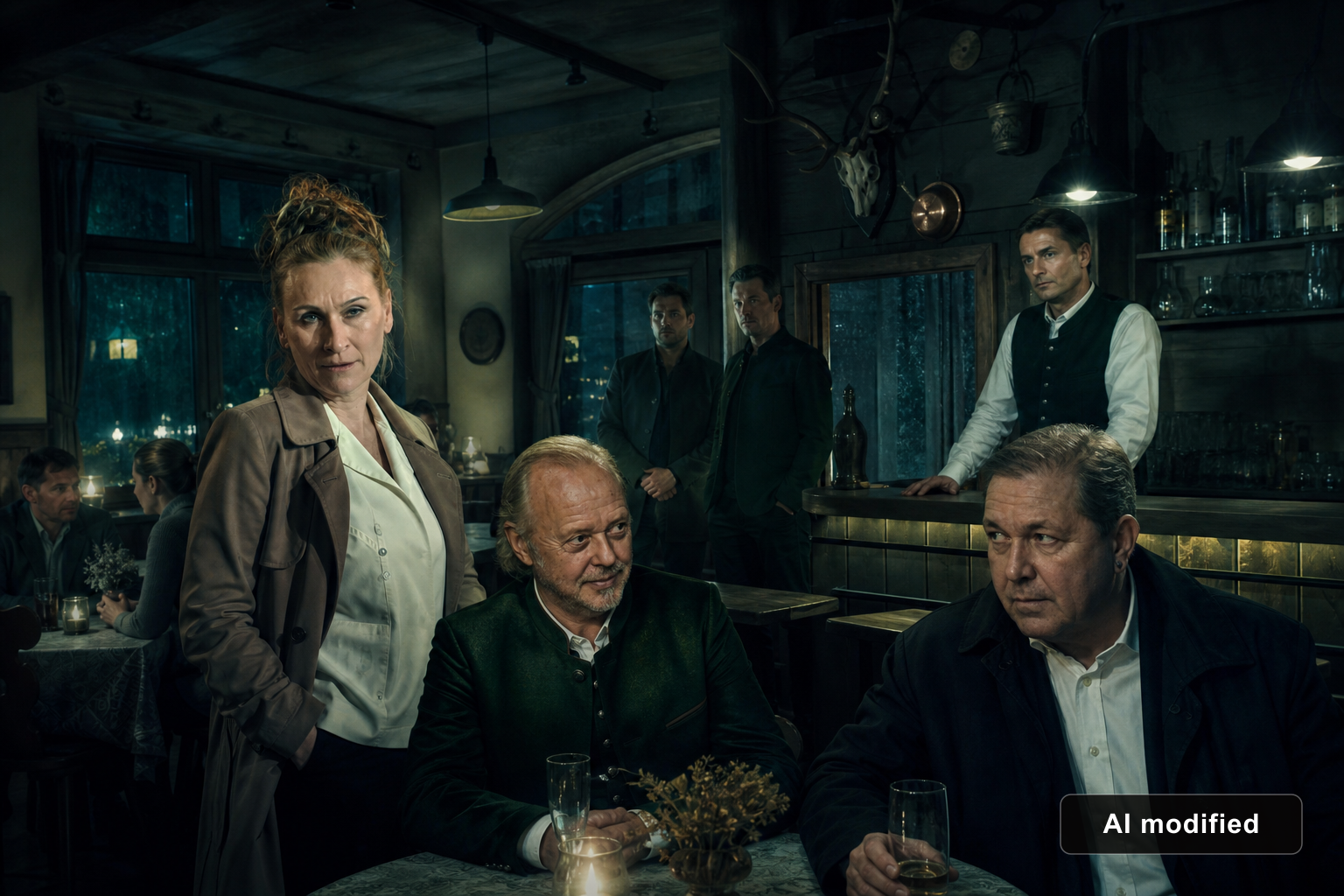 Szenenbild aus dem Krimidinner „Mord im Gasthof zur Zapfsäule“ mit den Originaldarstellern