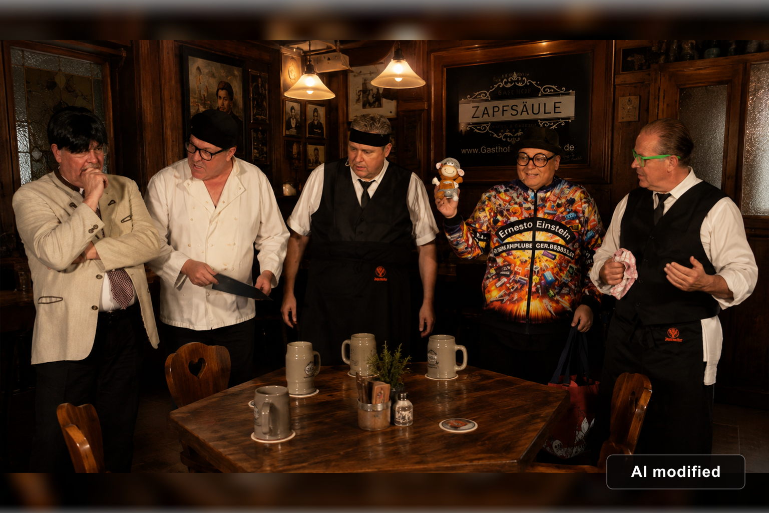 Szenenbild aus dem Krimidinner „Stammtischkrimi – Der Bierfuizl-Mord“ mit den Originaldarstellern